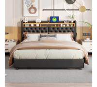 QMTXBYJ Cama Tapizada 180x200, Cama Matrimonio Cama 180x200 cm con Carga USB y Cabecero LED,Camas Matrimoniales con Almacenamiento Hidráulico,Camas Juveniles Cama Doble con Somier,Sin Colchon,PU