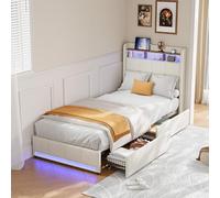 QMTXBYJ Cama Tapizada 90x200 con LED y USB, Cama Infantil Camas Individuales, Cama 90x200 con 2 Cajones y Cabecero Almacenaje, Camas Juveniles con Somier de Láminas,Sin Colchón,Lino,Beige