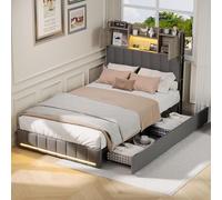 QMTXBYJ Cama Tapizada 90x200 con LED y USB, Cama Infantil Camas Individuales, Cama 90x200 con 2 Cajones y Cabecero Almacenaje, Camas Juveniles con Somier de Láminas,Sin Colchón, Lino, Gris