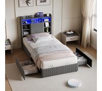 QMTXBYJ Cama Tapizada 90x200 con LED y USB, Cama Infantil Camas Individuales, Cama 90x200 con 2 Cajones y Cabecero Almacenaje, Camas Juveniles con Somier de Láminas,Sin Colchón,Lino