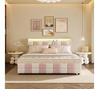 QMTXBYJ Cama tapizada de 140 x 190 cm, cabecero LED con función de carga USB, cama doble LED con 4 cajones y somier, cama de almacenamiento de 140 x 190, cama de almacenamiento para adultos y jóvenes