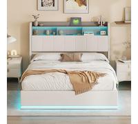 QMTXBYJ Cama tapizada de 140 x 190 cm, marco de cama con iluminación LED y estación de carga, cama hidráulica con espacio de almacenamiento y cabecero, cama de 140 x 190 cm con espacio de