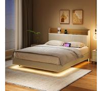 QMTXBYJ Cama tapizada de 140 x 190 cm, marco de cama flotante de poliuretano con luces LED y conectores USB, cama de 140 x 190 cm con espacio de almacenamiento, color blanco moderno cama doble con