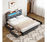 QMTXBYJ Cama tapizada de 140 x 200 cm, cama doble LED con 4 cajones y somier, cabecero LED con función de carga USB, cama de almacenamiento de 140 x 200, cama de almacenamiento para adultos y jóvenes