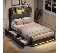 QMTXBYJ Cama tapizada de 90 x 200 cm, cabecero LED con función de carga USB, cama doble LED con 4 cajones y somier, cama de 90 x 200 cm con cajón y somier, cama de almacenamiento para jóvenes