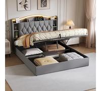 QMTXBYJ Camas Matrimoniales 140x190 cm con Carga USB y Cabecero LED, Cama Matrimonio 140x190 cm con Almacenamiento Hidráulico, Camas Juveniles Cama Doble con Somier,Sin Colchon,Terciopelo