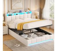 QMTXBYJ Camas Matrimoniales 140x190 cm con Carga USB y Cabecero LED, Cama Matrimonio 140x190 cm con Almacenamiento Hidráulico, Camas Juveniles Cama Doble con Somier,Sin Colchon,Lino