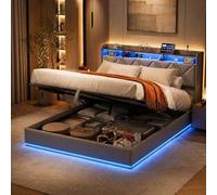 QMTXBYJ Camas Matrimoniales 140x200 cm con Carga USB y Cabecero LED, Cama Matrimonio 140x200 cm con Almacenamiento Hidráulico, Camas Juveniles Cama Doble con Somier,Sin Colchon,Lino