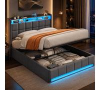 QMTXBYJ Camas Matrimoniales 140x200 cm con Carga USB y Cabecero LED, Cama Matrimonio 140x200 cm con Almacenamiento Hidráulico, Camas Juveniles Cama Doble con Somier,Sin Colchon,Lino