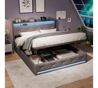 QMTXBYJ Camas Matrimoniales 160x200 cm con Carga USB y Cabecero LED, Cama Matrimonio 160x200 cm con Almacenamiento Hidráulico, Camas Juveniles Cama Doble con Somier,Sin Colchon, Lino