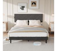 QMTXBYJ - Marco de cama de 140 x 200 cm con somier, cama doble de 140 x 200 cm con cabecera de cama acolchada para 2 personas, soporte para listones de madera, para adultos, tejido lino, fácil montaje