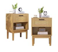 QMTXBYJ - Mesa auxiliar bohemio con cajón y estante abierto, mesitas de noche de ratán, pequeñas mesas auxiliares con almacenamiento, cómoda de noche con patas de madera
