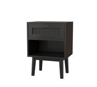 QMTXBYJ - Mesa auxiliar bohemio con cajón y estante abierto, mesitas de noche de ratán, pequeñas mesas auxiliares con almacenamiento, cómoda de noche con patas de madera