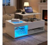 QMTXBYJ - Mesa baja elevable LED con tapa de cristal, mesa de salón de alto brillo con almacenamiento oculto y compartimentos abiertos, mesa baja extensible 3 en 1 para sala de estar, blanco, 100 x 55