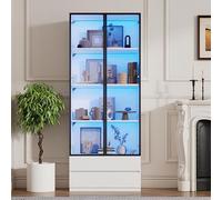 QMTXBYJ - Vitrina de cristal con iluminación LED, vitrina de pie con 2 puertas de cristal y estantes ajustables, armario de colección de vasos con 2 cajones, armario de almacenamiento para sala de