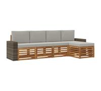 Qnhdfrt Juego de 5 sofás de exterior con cojines, juego de salón de jardín modular de madera de acacia, conjunto de asientos de madera para jardín, terraza y balcón, natural y gris claro