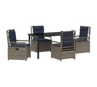 Qnhdfrt Juego de muebles de jardín de 5 piezas, de polirratán, gris, con 1 mesa con tablero de cristal y 4 sillas de jardín con cojines, posición de asiento ajustable para terraza