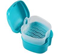 Qoekacy Azul Estuche de Dentadura, Copa de Dentadura con Colador, Caja de BañO de Dentadura Caja de Almacenamiento de Dientes Falsos con Cesta Soporte de Contenedor Neto para Viajes