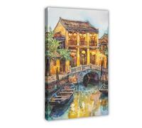 QOGDAF Hoi An - Póster de lienzo de Vietnam con acuarela, decoración de dormitorio, paisaje, oficina, habitación, regalo, 20 x 30 cm