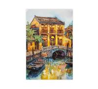 QOGDAF Hoi An - Póster en lienzo de Vietnam con acuarela, decoración de dormitorio, paisaje, oficina, habitación, regalo, 60 x 90 cm