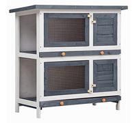 qohoio Jaula conejera con 4 Puertas Madera Gris Conejera de Madera Caseta Exterior Refugio para Mascotas Pequeñas Conejos Cobayas