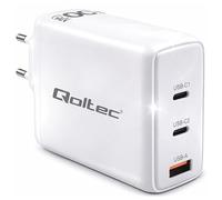 Qoltec Cargador de CA GaN 100W | 5-20 V | 1,5-5 A | 2 x USB-C PD | 1 x USB QC 3.0 | Laptop | Smartphone | Blanco