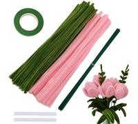 QOMJUFA 300pcs Limpiapipas Manualidades Flores Tulipán Multicolor Línea Chenilla Limpia Pipas+10pcs Tallo Floral Verde Alambres Flores Manualidades Accesorios Colores para DIY Regalo Decoración Hogar