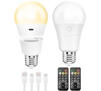 Qoolife E27 USB-C bombilla con mando a distancia, bombillas LED recargables con batería, 3 colores regulables, 7W bombilla de batería magnética con función de temporización, 2 paquetes