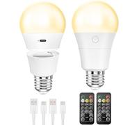 Qoolife USB-C bombilla con mando a distancia, E27 bombillas LED recargables con batería, 3 colores regulables, 7W bombilla de batería magnética con función de temporización, 2 paquetes