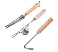 Qooloo 3 Piezas Extractor Malas Hierbas Acero Inoxidable, Weeder de Mano de Jardín, Escardador Herramientas con Mango de Madera Natural, Arrancador de Hierbas Manual para Cavar, Deshierbar, Aflojar