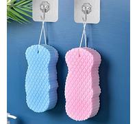 QOPAHI Esponja exfoliante súper suave con gancho, Cepillo de ducha 3D Esponja corporal para esponjas de baño, Esponjas de bebé para adultos para baño para eliminar la piel muerta (azul+rosa, 2 ganchos)