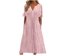 Qosigote Women's Eyelet Casual Summer Dress with Sleeves, Cotton Beach Dress For Older Women, Comfortable and Stylish Dresses (Pink,XXL)