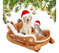 Qosneoun Christmas Sleigh Dog Bed, Interesting Red Christmas Cat Dog Beds, Festive Plush Cosy Cat Beds - Xmas Sleigh, Machine Washable, Non-Slip ＆ Comfortable (C, M(65 * 50 * 28cm))