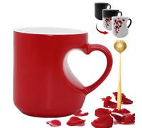 Qosneoun Taza de cerámica que cambia de color en forma de corazón, taza de café mágica sensible al calor, imagen oculta con diseño de corazón rojo y mango de corazón 3D, regalos románticos para