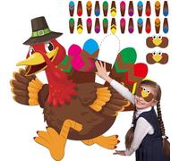 QOUBAI Juegos de fiesta de Acción de Gracias para niños Pin the Tail on the Turkey Poster Fall Festival Games Activities with 24 Feather Stickers for Family School Thanksgiving Party Favors Decor