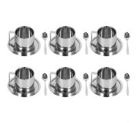 QOXEZY Juego de café de doble pared de acero inoxidable con platillo y cuchara para sostener bebidas frías o calientes fiables, para cafeterías y restaurantes, acero inoxidable 304(6)
