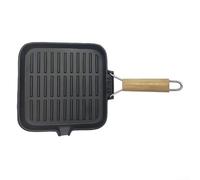 QOXEZY Sartén de hierro fundido a rayas con mango de madera, sartén plegable para cocinar filetes, retención de calor, herramienta de cocina versátil, para estufa, horno, fogata, adecuada para 9.45 x