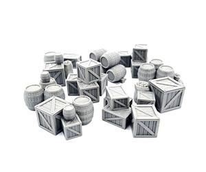 QP3D - Terreno de dispersión de cajas y barriles - Cofre de madera de fantasía para paisajes de mesa y RPG de 28-32 mm, miniaturas de accesorios de juego de guerra DnD D&D, impreso en 3D y se puede