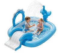 QPAU Piscina Hinchable Infantil Elefante con Tobogán y Rociador, Centro de Juegos de Agua con 4 Aros, 183 × 163 × 94 cm, Piscina Infantil para Jardín y Exterior, Regalo para Niños (Azul)