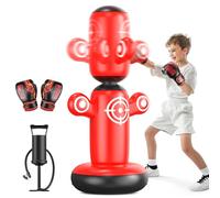 QPAU Saco de boxeo giratorio de 360° para niños, saco de boxeo grande de 64 pulgadas con guantes, bomba de mano y 6 objetivos, bolsa de boxeo inflable, regalos de karate para niños y niñas (rojo)