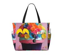 QPIPGER Bolsa de viaje grande con estampado de pastel de flores arcoíris para mujer, impermeable, a prueba de arena, con bolsillos con cremallera