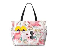 QPIPGER Bolsa de viaje grande con estampado floral y flamencos para mujer, impermeable, a prueba de arena, con bolsillos con cremallera