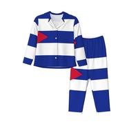 QPIPGER Conjunto de pijama de manga larga para mujer, diseño de bandera cubana, único, suave, transpirable, ropa de dormir, Negro, S-M