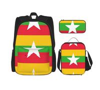 QPIPGER Mochila casual con estampado de bandera de Myanmar con lonchera térmica y bolsa para lápices, bolsa Oxford 3 en 1
