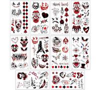 Qpout 10 Hojas de Tatuajes Temporales de Payaso, Maquillaje de Joker de Halloween Espeluznante Pegatinas de Tatuajes Falsos para Mujeres Hombres y Adultos Accesorios para Disfraces de Carnaval