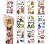 Qpout 10 hojas Hippie Tatuajes Pegatinas Groovy 70s 80s 90s Tatuajes Pegatinas, Impermeable Amor y Paz Signo de Paz Tatuajes Faciales Flower Power Arco Iris Hippie Tema Artículos de fiesta