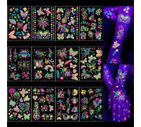 Qpout 12 Hojas Brillan en los UV Tatuajes Temporales Música neón Flor de mariposa Fluorescente Flash Pegatinas Falsas de Tatuajes para Mujeres Arte Corporal Rave Festival Decoraciones