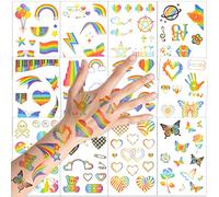 Qpout 12 Hojas Rainbow Tatuajes temporales Corazón de mariposa Bandera del arco iris Pegatina de arte corporal 130+ Estilos de brillo Tatuajes de orgullo para niñas Niños Fiesta