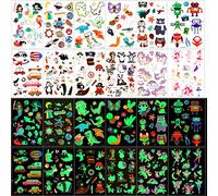 Qpout 135 Tatuajes Temporales luminosos de dibujos animados de estilo mixto, unicornio sirena mariposa animal dinosaurio pirata, regalo de decor fiesta para niños y niñas, Transparente
