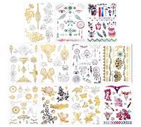 Qpout 150pcs Tatuajes Temporales metálicos para mujeres niñas, tatuaje con diseño de purpurina dorada, joyería, tótem tribal, mariposa, flor, pluma, agua, tatuaje